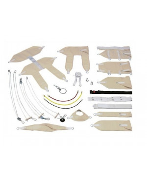 Standardset bestehend aus 4 Seilschlingen, 2 Flaschenzügen, 1 Kopfschlinge, 2 Arm- /Beinschlingen, 2 Fuß- /Fersenschlingen, 1 Beckenschlinge, 2 Gummizüge 5-kg, 2 Gummizüge 10-kg.